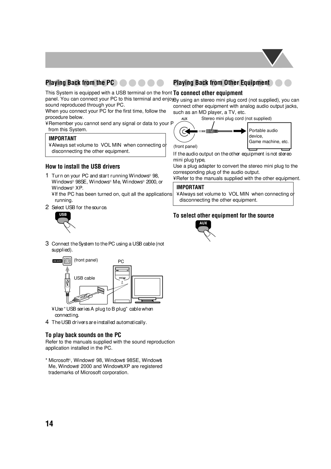 JVC CA-FSGD7, LVT1348-001C Playing Back from Other Equipment, To connect other equipment, How to install the USB drivers 