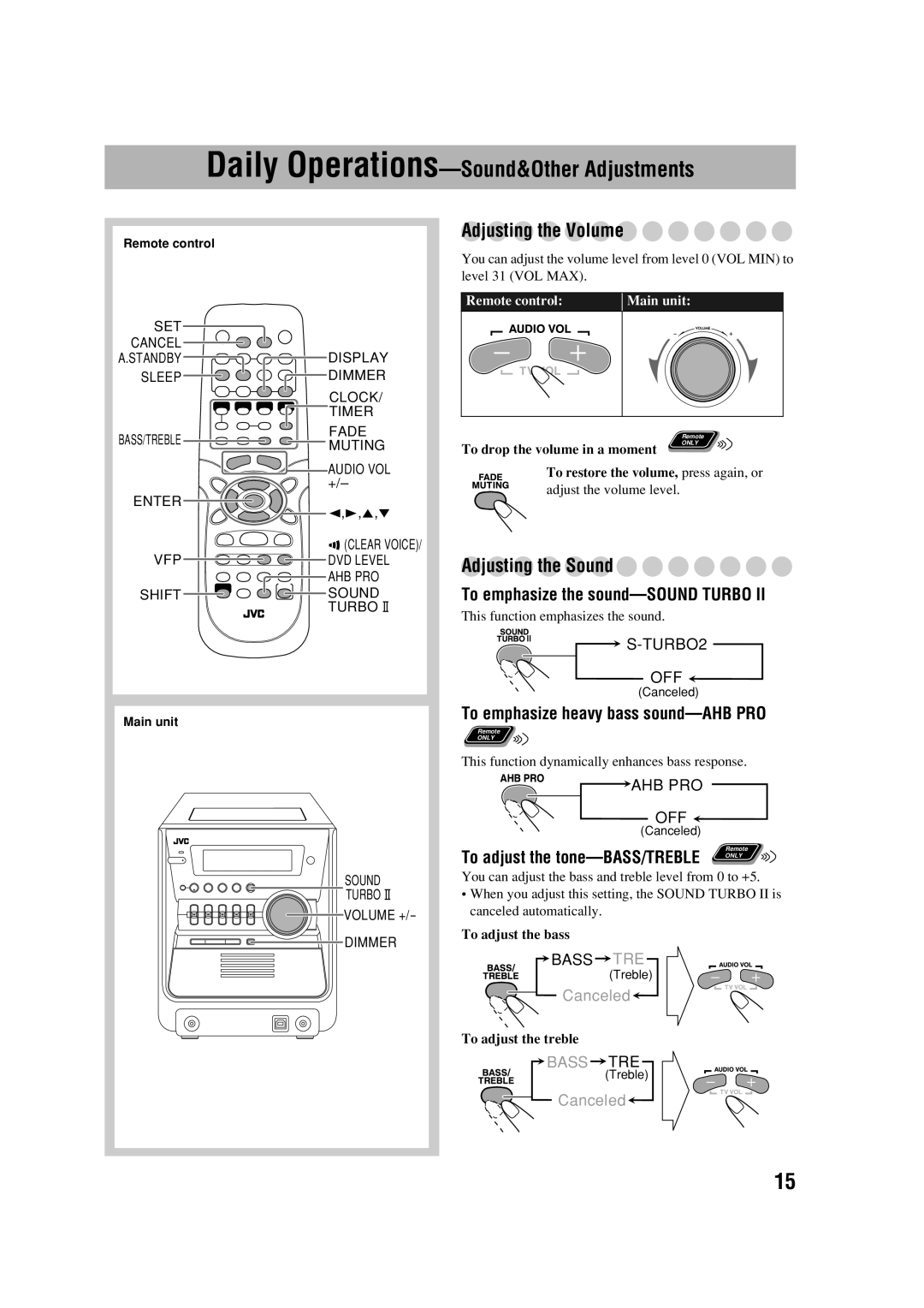 JVC 0305MWMMDWBET, LVT1348-001C, SP-FSGD7 Adjusting the Volume, Adjusting the Sound, To emphasize the sound-SOUND Turbo 