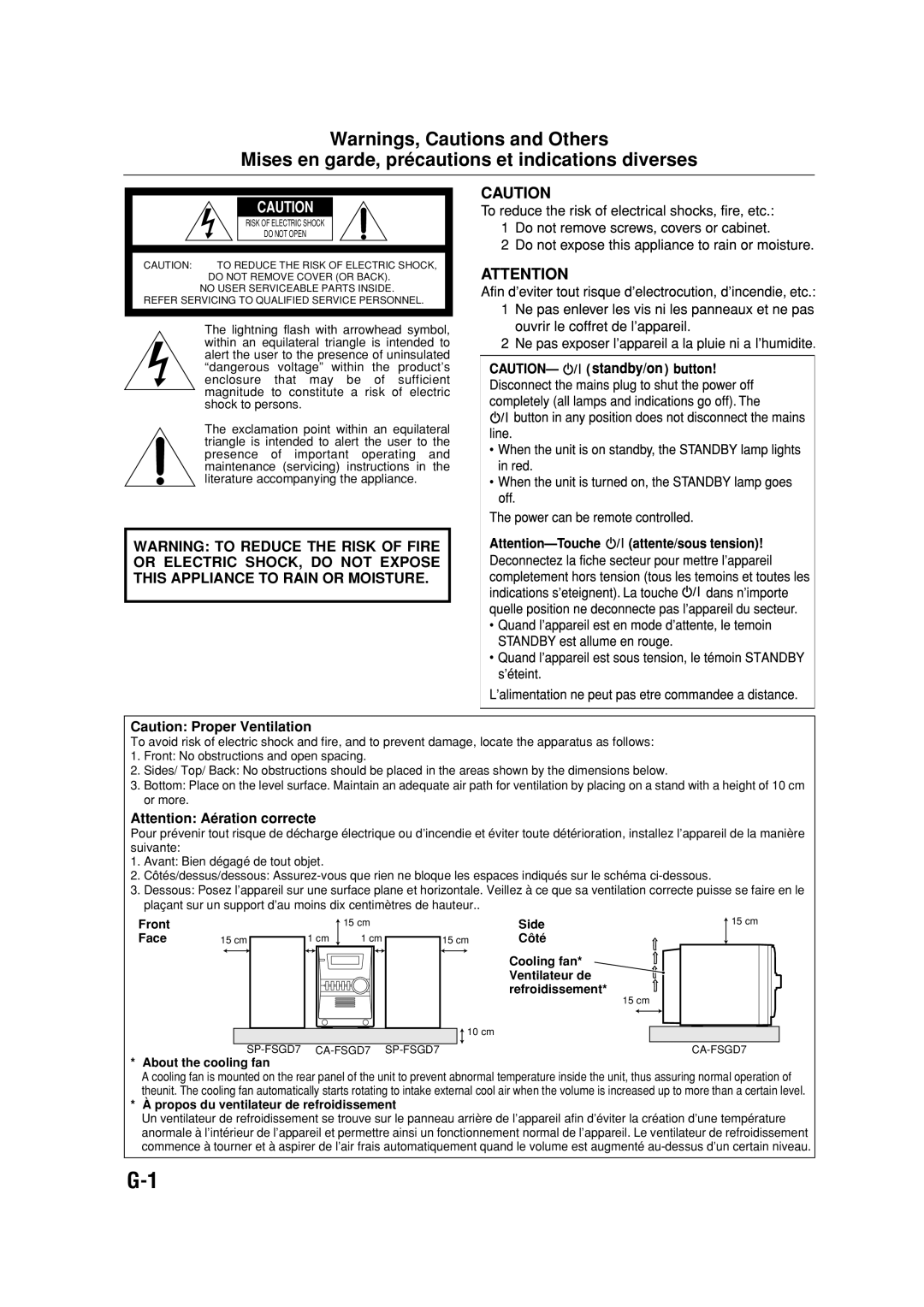 JVC CA-FSGD7, LVT1348-001C, SP-FSGD7 manual Mises en garde, précautions et indications diverses, About the cooling fan 