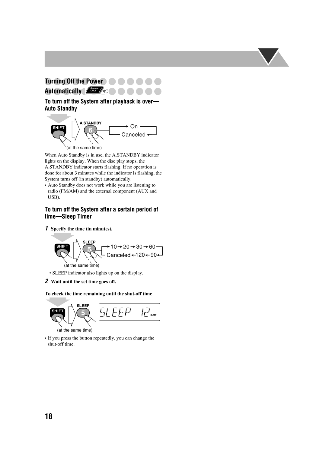 JVC CA-FSGD7 manual Turning Off the Power, Automatically only, To turn off the System after playback is over- Auto Standby 