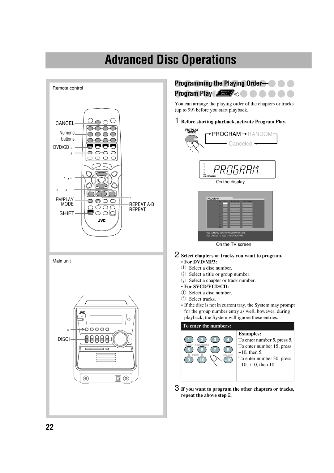 JVC CA-FSGD7 Advanced Disc Operations, Programming the Playing Order, Before starting playback, activate Program Play 