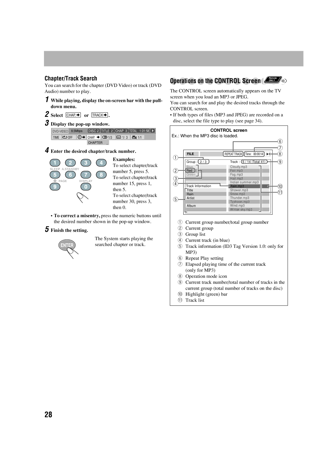 JVC LVT1348-001C, SP-FSGD7, CA-FSGD7, 0305MWMMDWBET Chapter/Track Search, Enter the desired chapter/track number Examples 