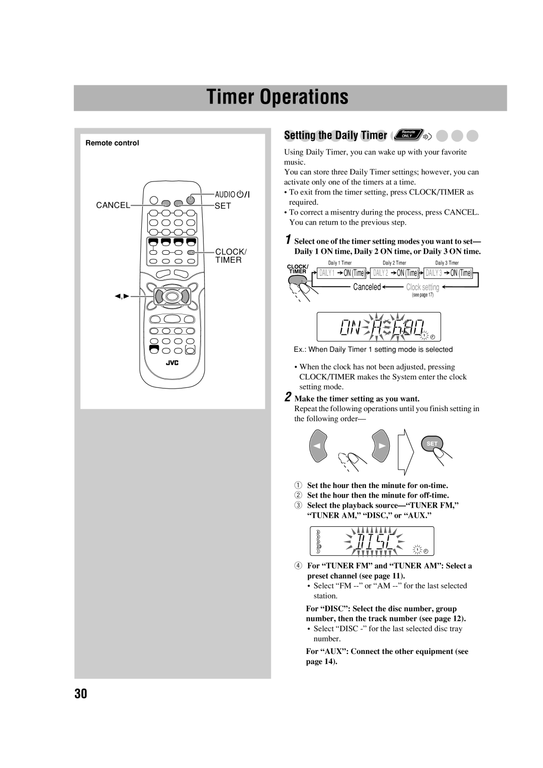 JVC CA-FSGD7, LVT1348-001C Timer Operations, Make the timer setting as you want, For AUX Connect the other equipment see 