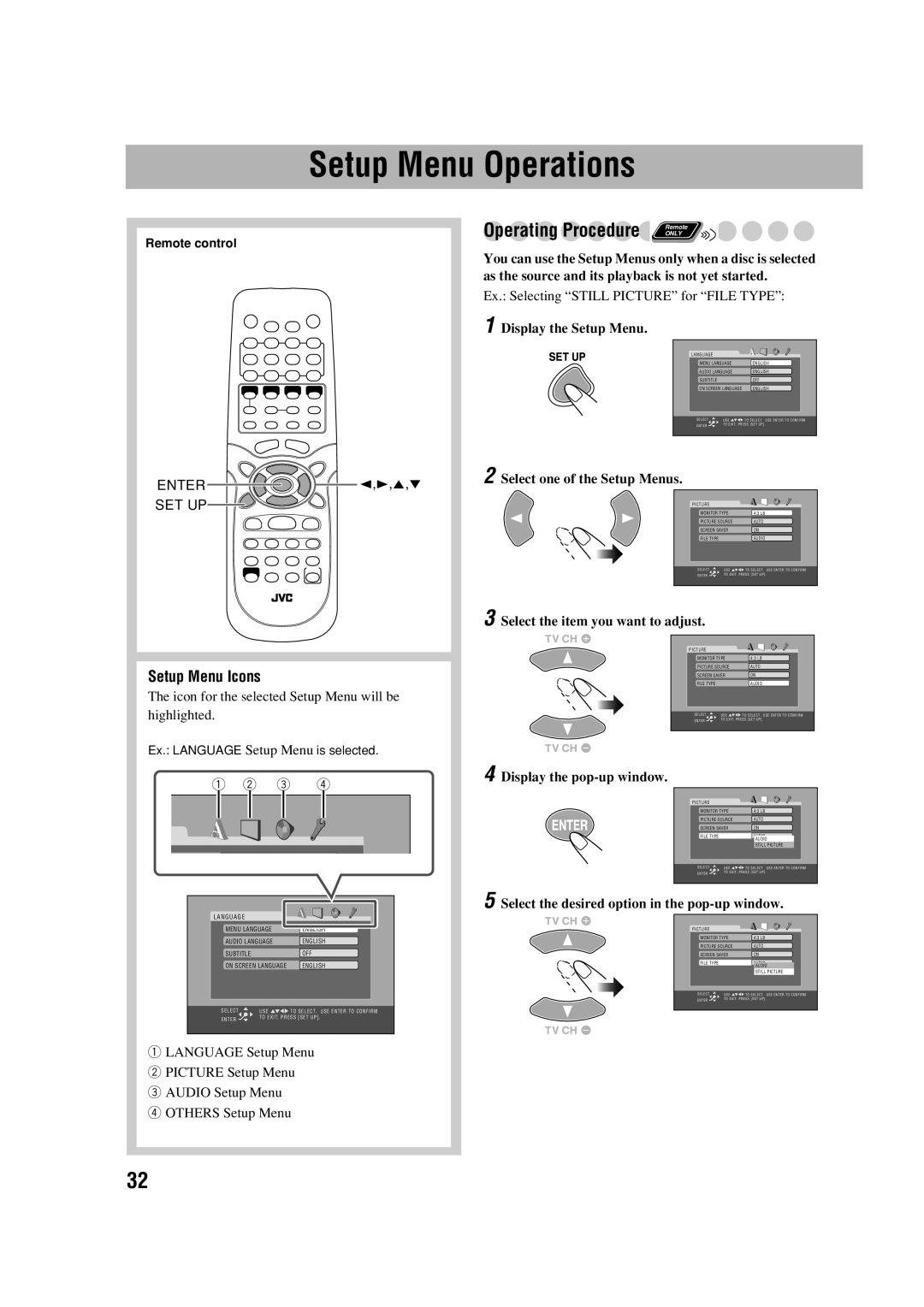 JVC LVT1348-001C, SP-FSGD7, CA-FSGD7, 0305MWMMDWBET manual Setup Menu Operations, Operating Procedure Remote, Setup Menu Icons 