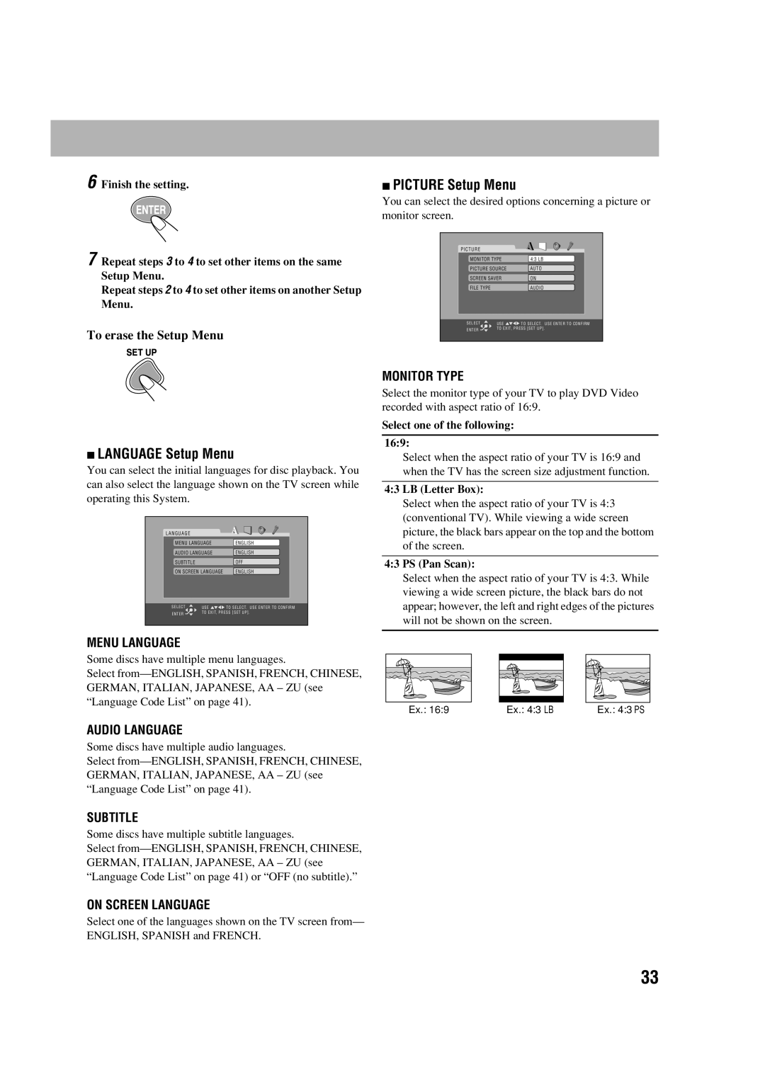 JVC SP-FSGD7 manual Picture Setup Menu, Language Setup Menu, Select one of the following 169, LB Letter Box, PS Pan Scan 