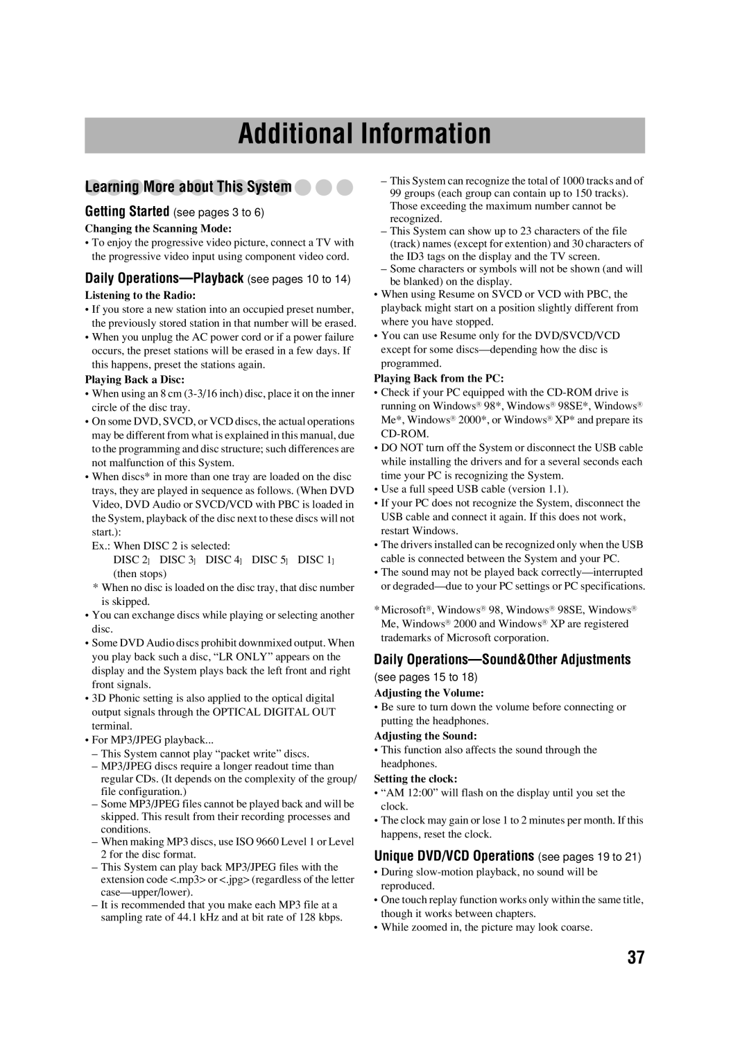 JVC SP-FSGD7, CA-FSGD7 Additional Information, Learning More about This System, Daily Operations-Sound&Other Adjustments 