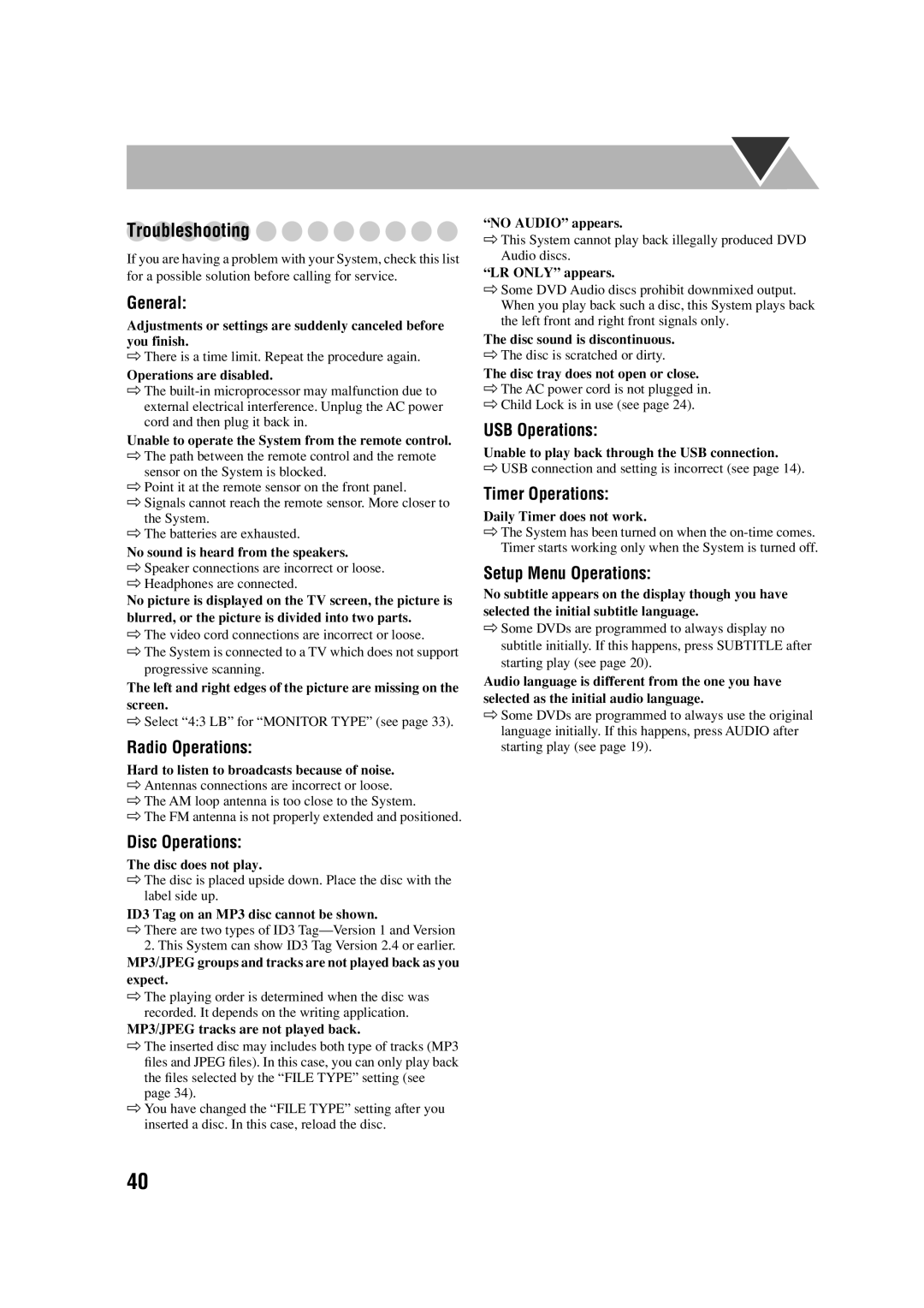 JVC LVT1348-001C, SP-FSGD7, CA-FSGD7, 0305MWMMDWBET manual Troubleshooting 