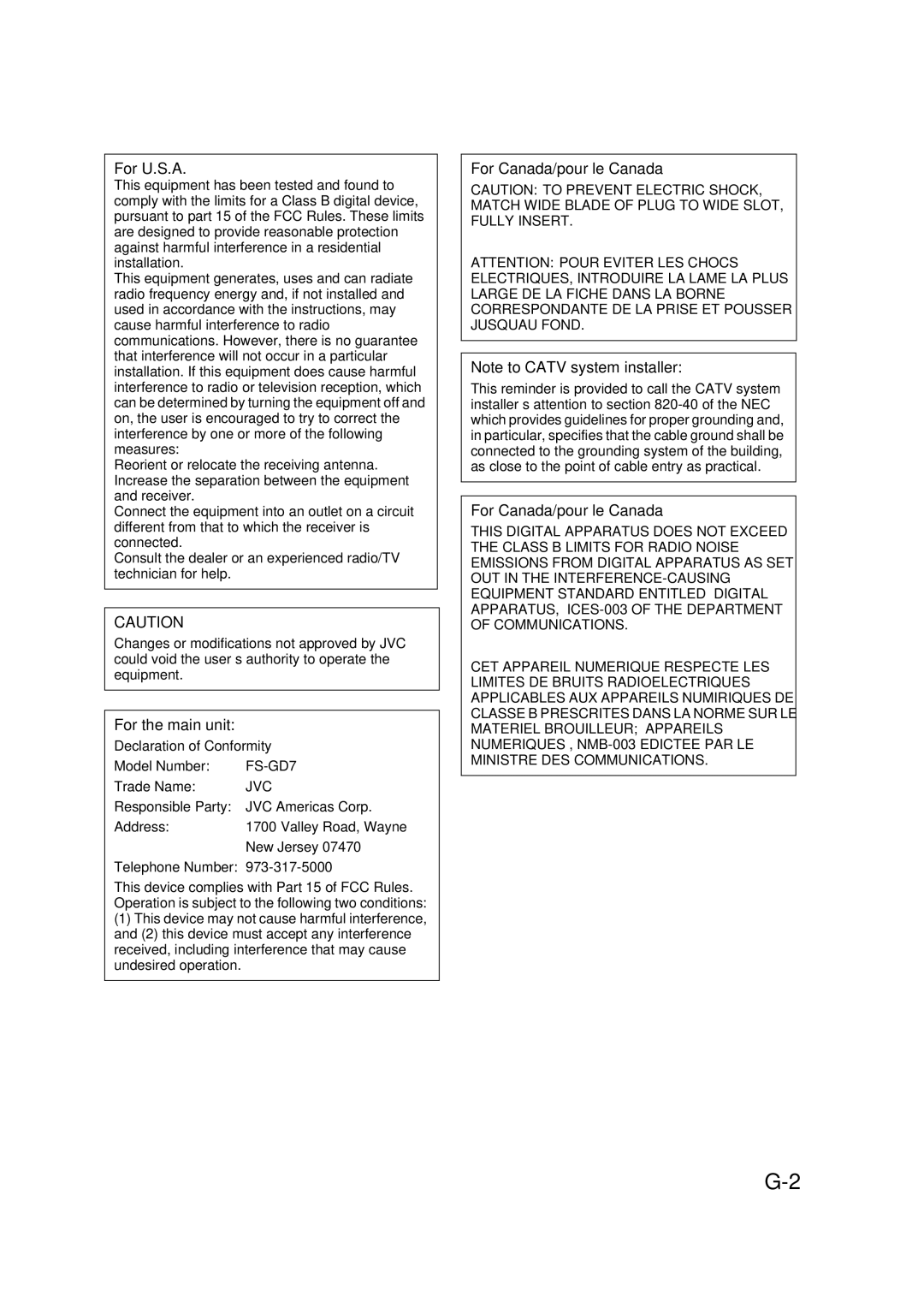 JVC CA-FSGD7, LVT1348-001C, SP-FSGD7, 0305MWMMDWBET manual For U.S.A 