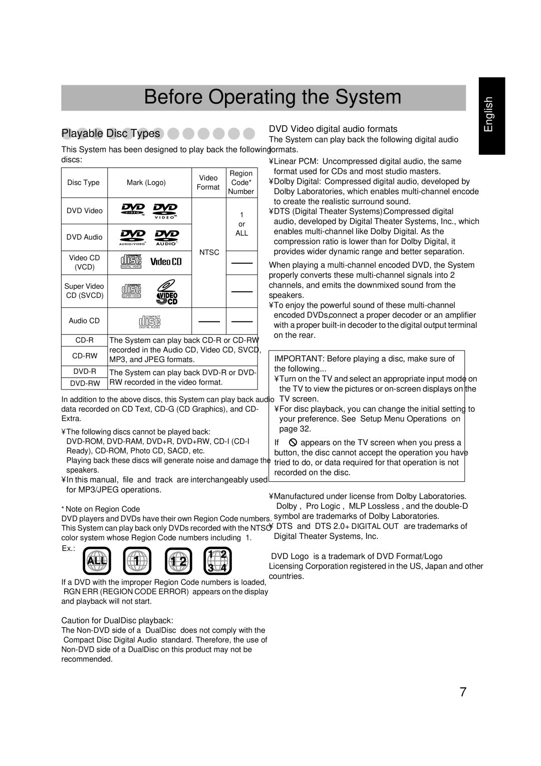 JVC CA-FSGD7, LVT1348-001C, SP-FSGD7, 0305MWMMDWBET manual Before Operating the System 