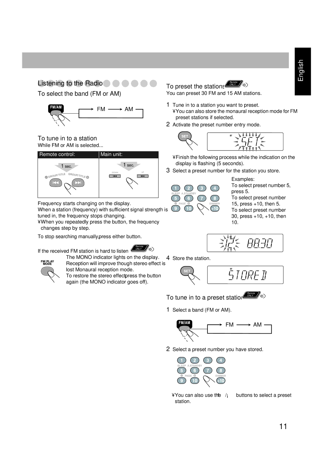 JVC CA-FSGD7, LVT1348-001C, SP-FSGD7, 0305MWMMDWBET manual Listening to the Radio 