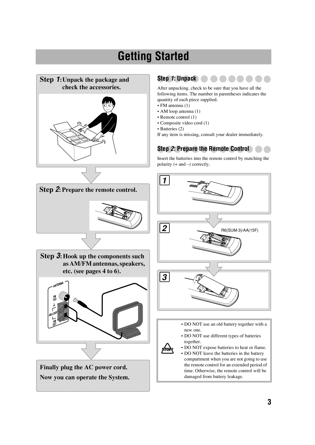 JVC 0305MWMMDWBET, LVT1348-001C, SP-FSGD7, CA-FSGD7 manual Getting Started, Unpack, Prepare the Remote Control 