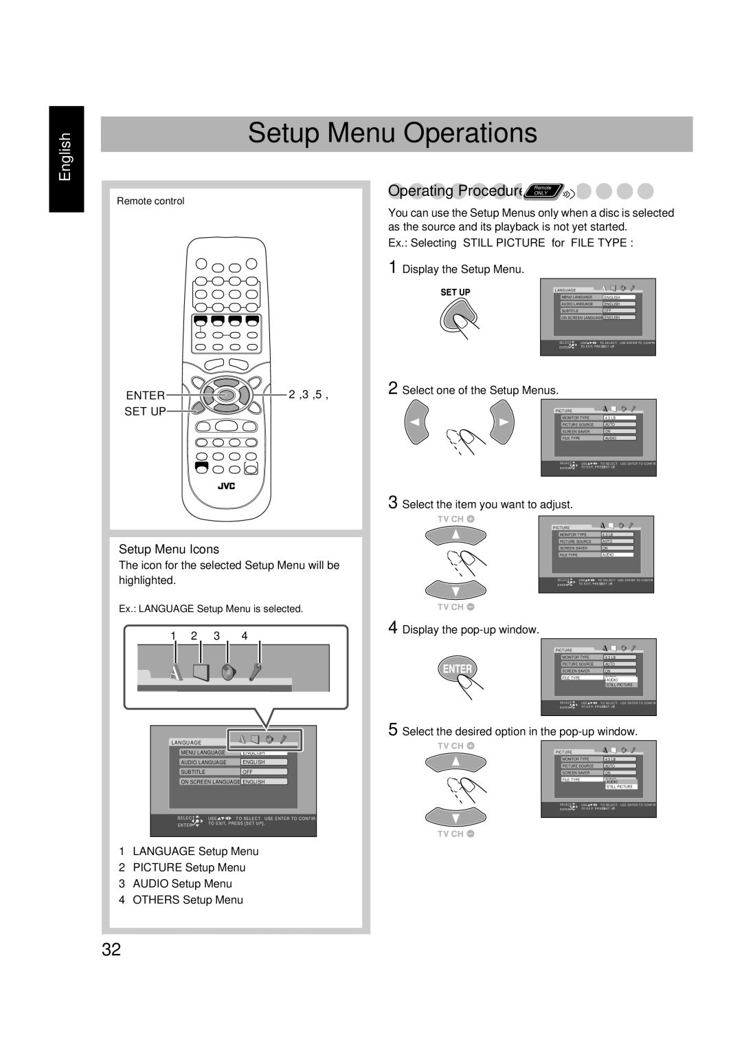 JVC 0305MWMMDWBET, LVT1348-001C, SP-FSGD7, CA-FSGD7 manual Setup Menu Operations 