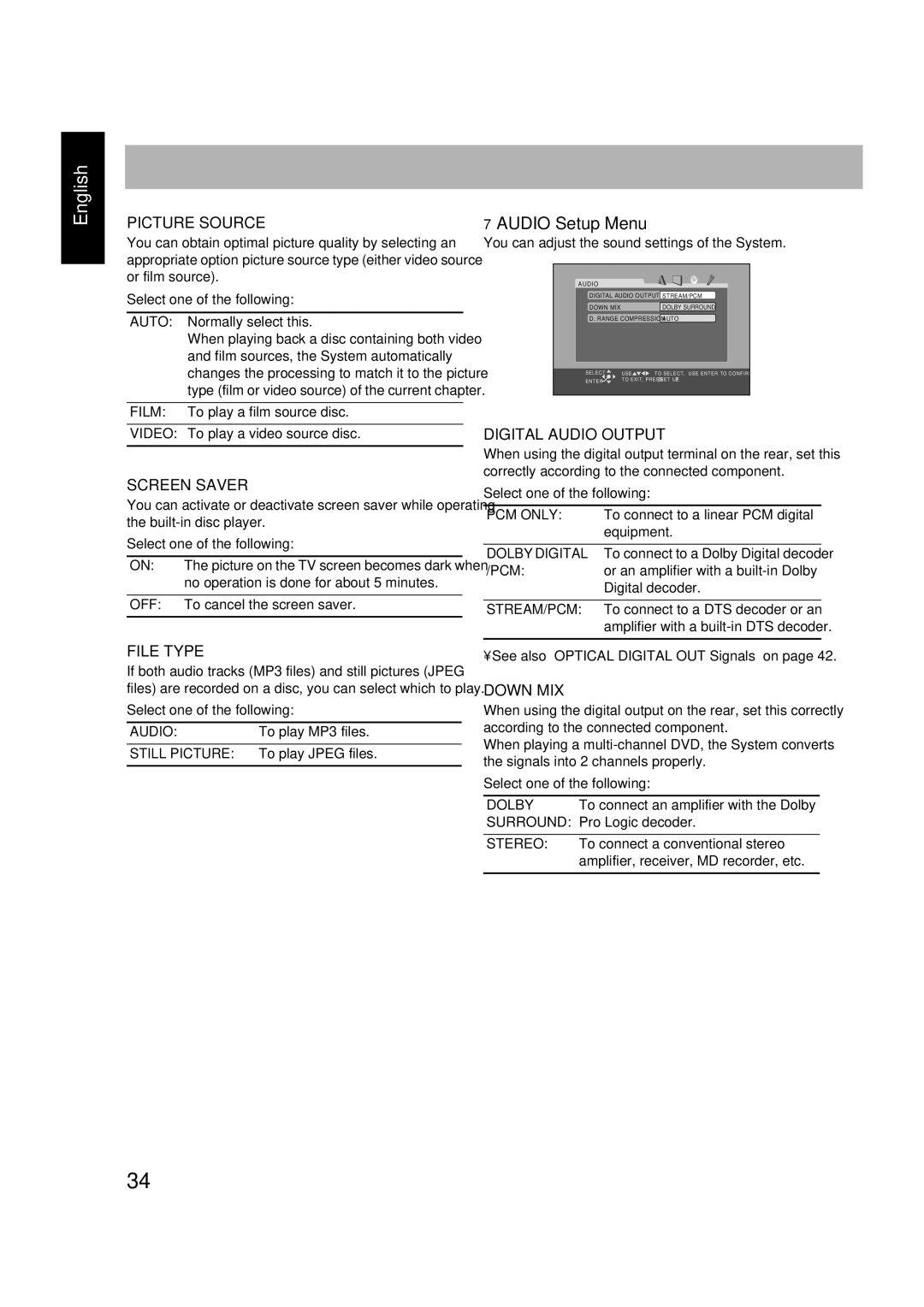 JVC SP-FSGD7, LVT1348-001C, CA-FSGD7, 0305MWMMDWBET manual Audio Setup Menu 