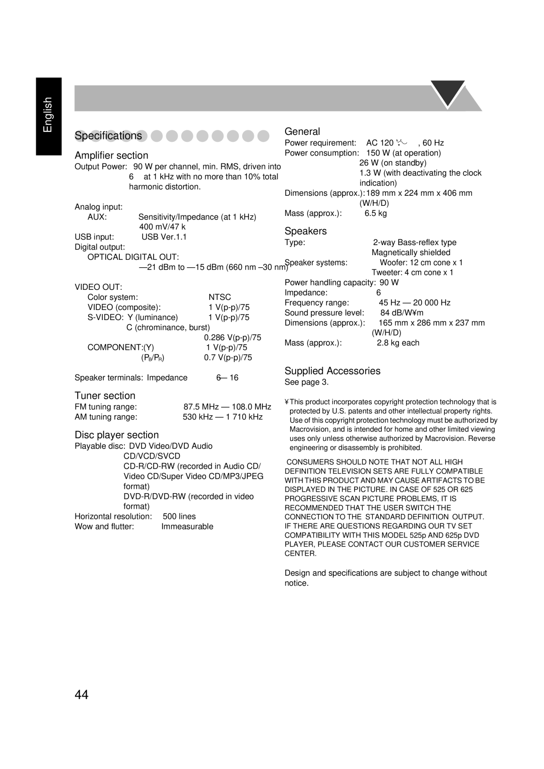 JVC 0305MWMMDWBET, LVT1348-001C, SP-FSGD7, CA-FSGD7 manual Specifications 