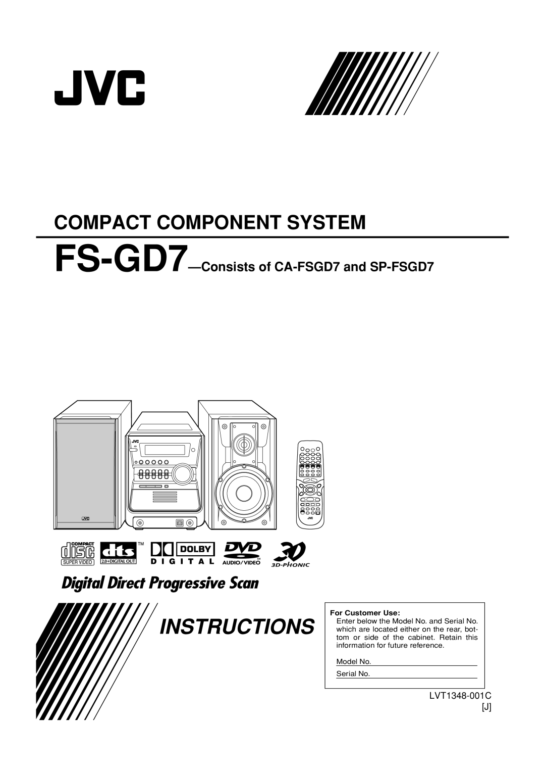 JVC manual Instructions, Compact Component System, FS-GD7-Consistsof CA-FSGD7and SP-FSGD7, LVT1348-001CJ, D I G I T A L 