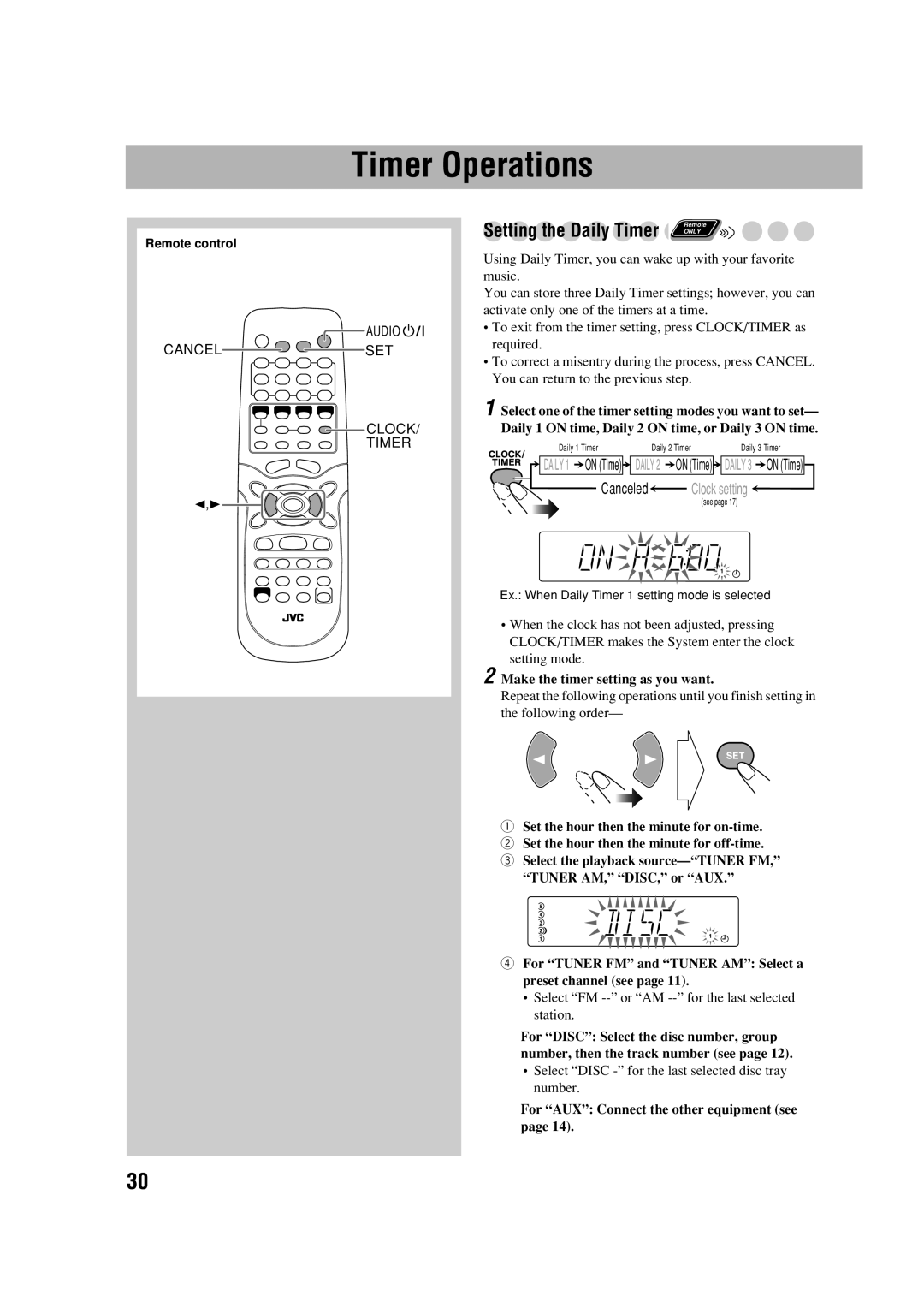 JVC CA-FSGD7 manual Timer Operations, Setting the Daily Timer, CanceledClock setting, Make the timer setting as you want 