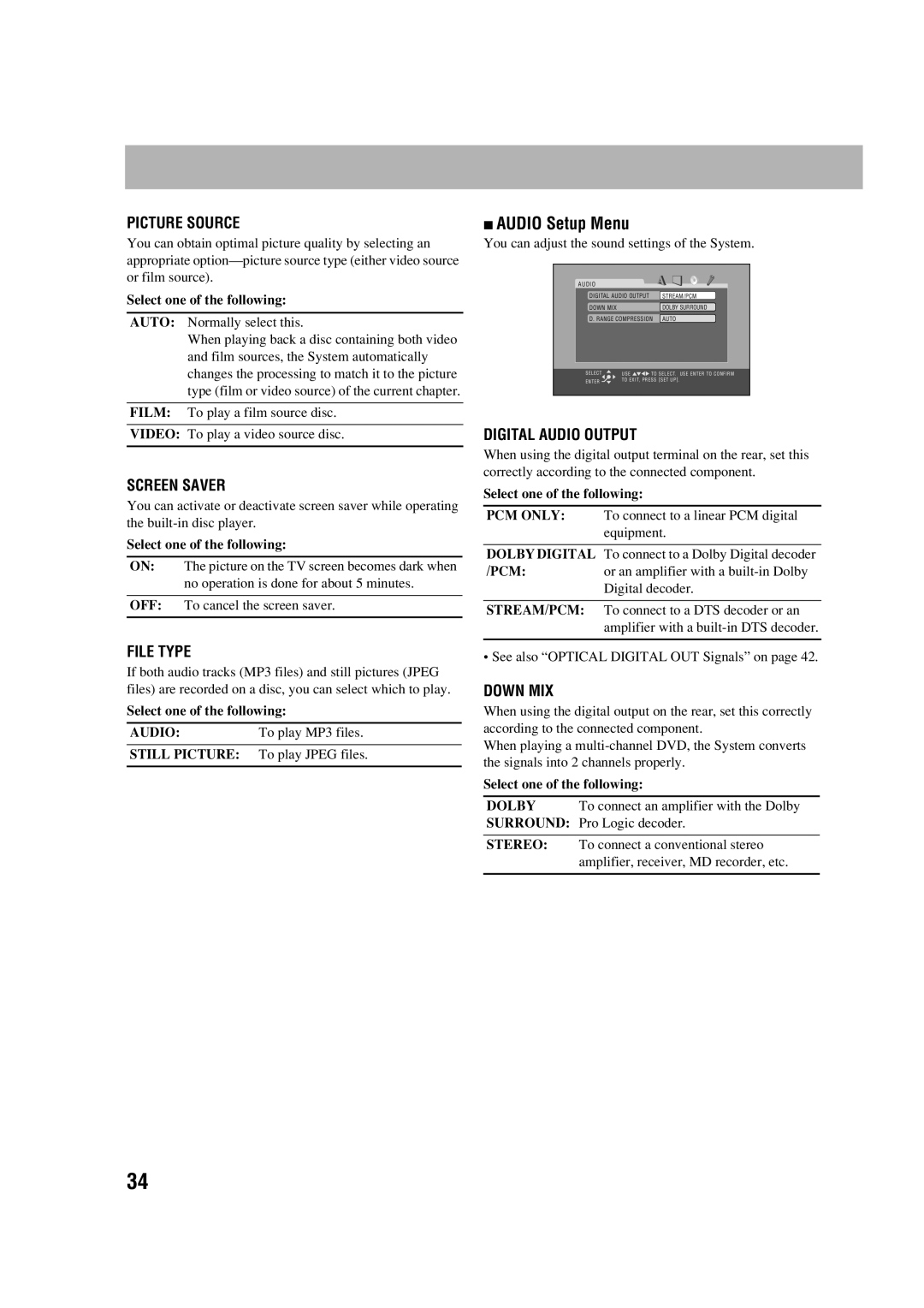 JVC CA-FSGD7, LVT1348-001C manual 7AUDIO Setup Menu, Picture Source, Screen Saver, File Type, Digital Audio Output, Down Mix 