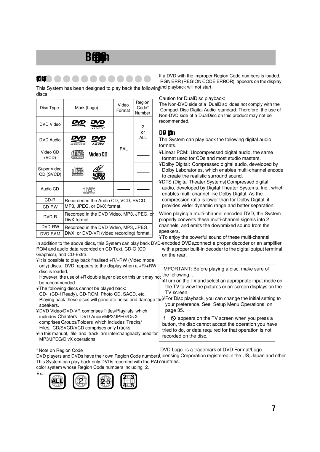 JVC LVT1348-003A manual Before Operating the System, Playable Disc Types, DVD Video-digital audio formats, Discs 