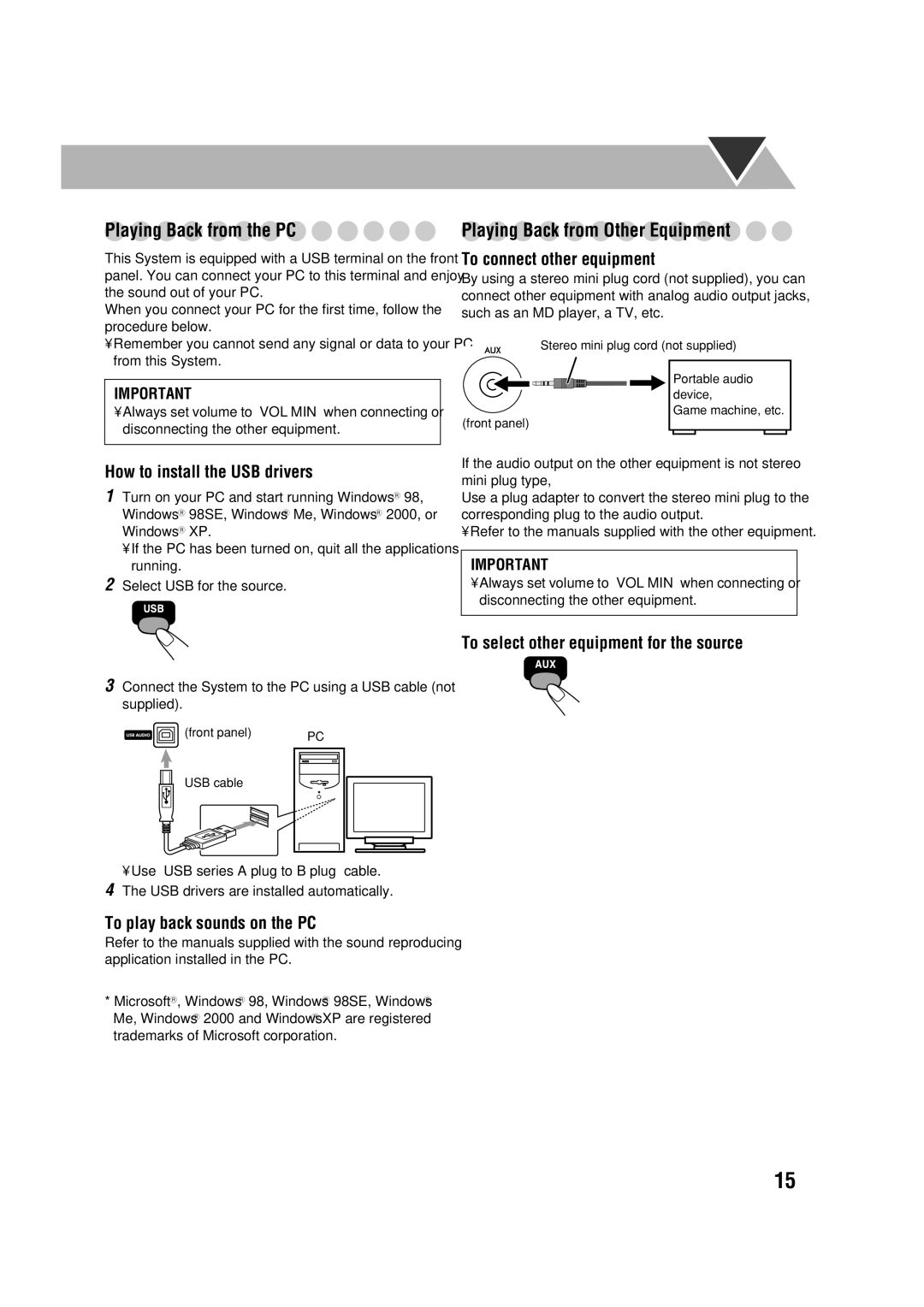 JVC LVT1348-003A manual Playing Back from Other Equipment, To connect other equipment, How to install the USB drivers 