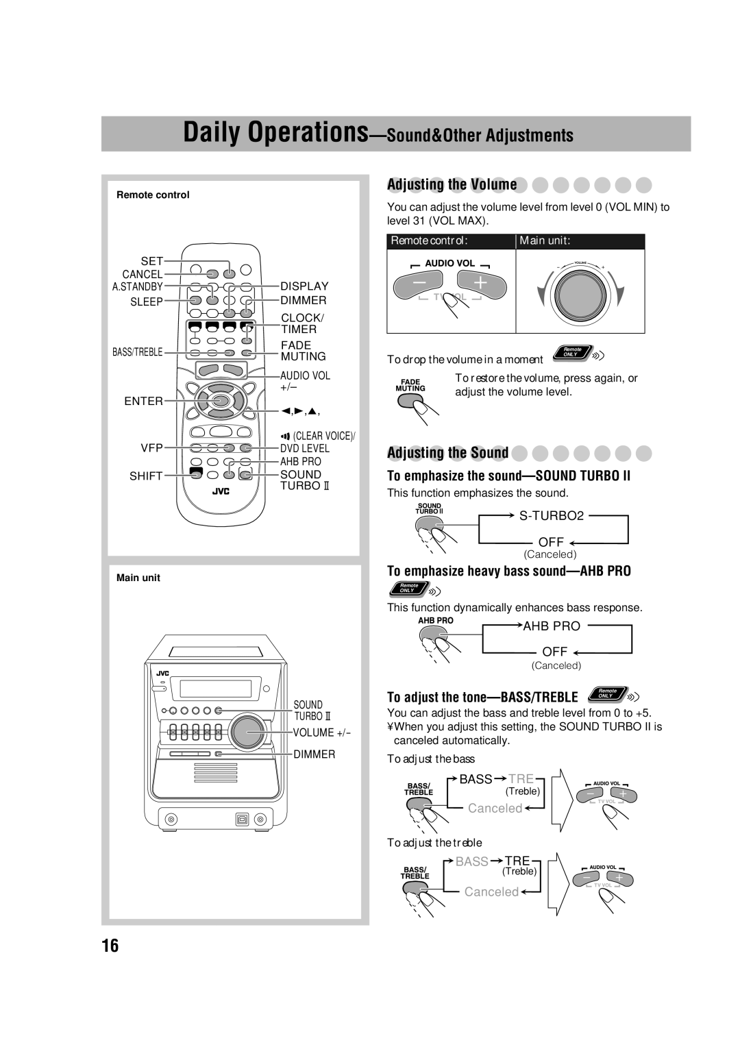 JVC LVT1348-003A manual Adjusting the Volume, Adjusting the Sound, To emphasize the sound-SOUND Turbo 