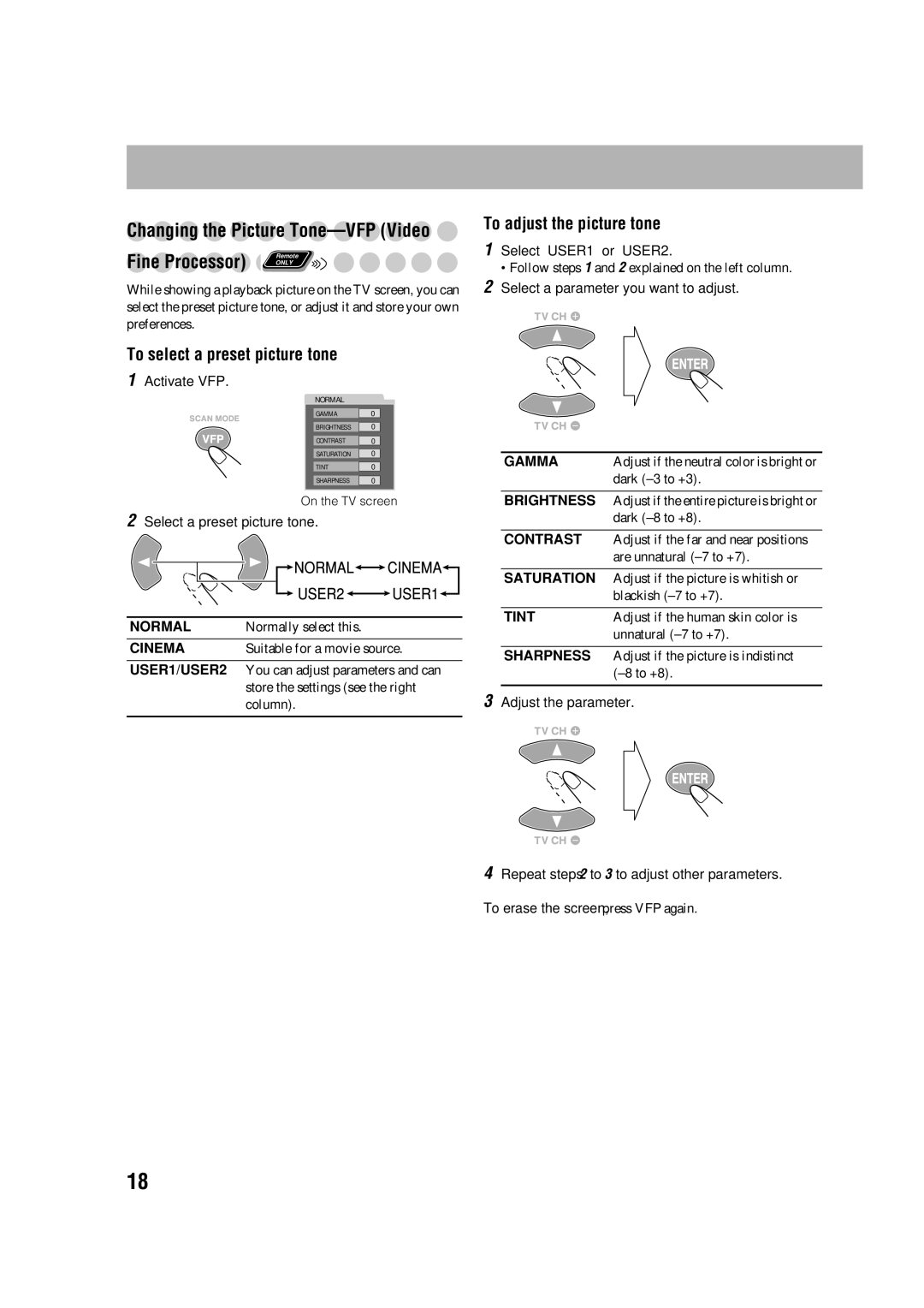 JVC LVT1348-003A manual Changing the Picture Tone-VFP Video, To select a preset picture tone, To adjust the picture tone 