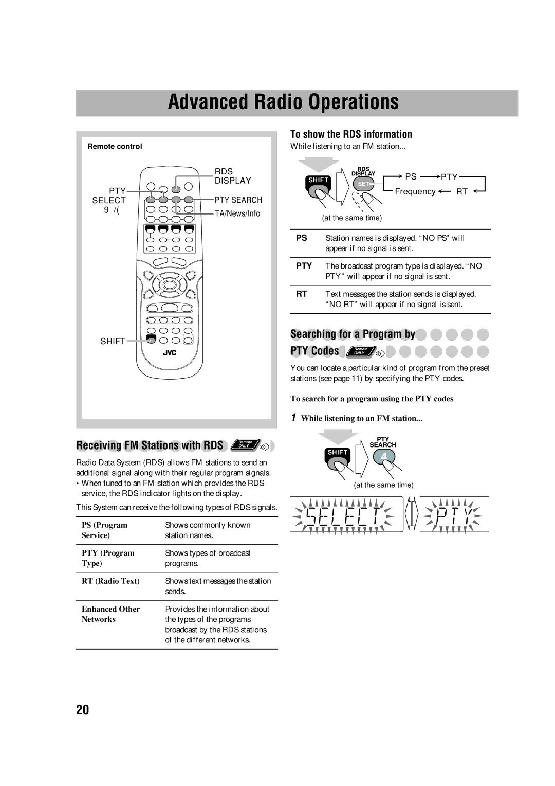 JVC LVT1348-003A manual Advanced Radio Operations, Searching for a Program by, Receiving FM Stations with RDS 