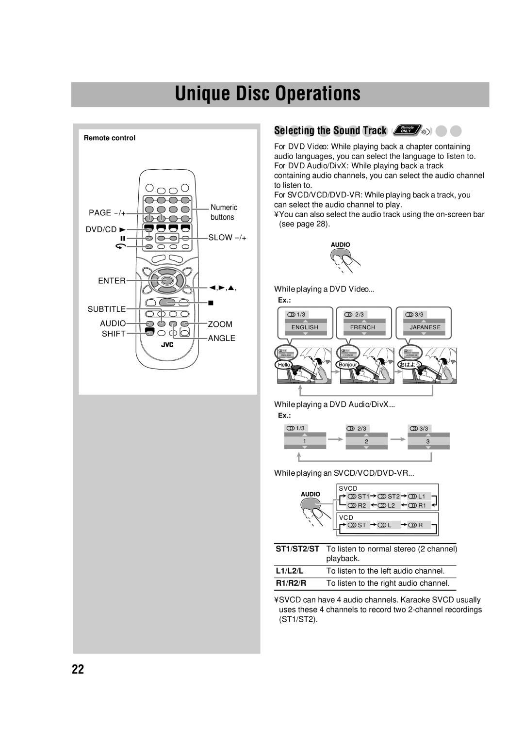 JVC LVT1348-003A manual Unique Disc Operations, Selecting the Sound Track, While playing a DVD Video 