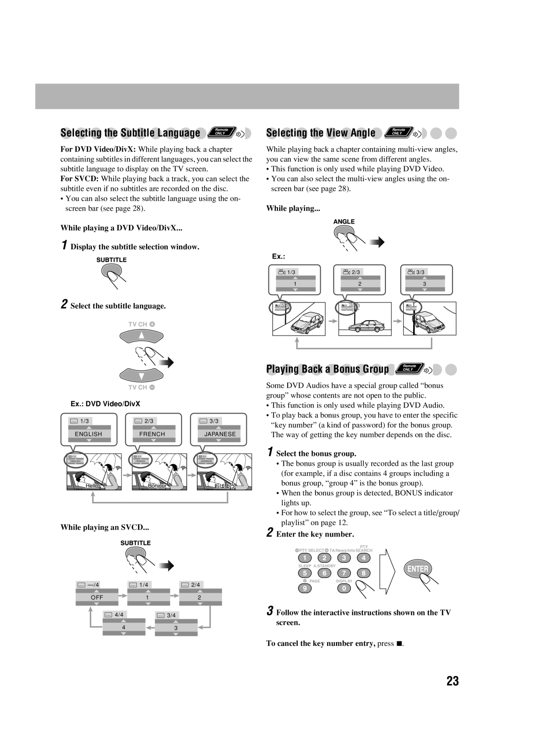 JVC LVT1348-003A manual Selecting the Subtitle Language, Playing Back a Bonus Group 