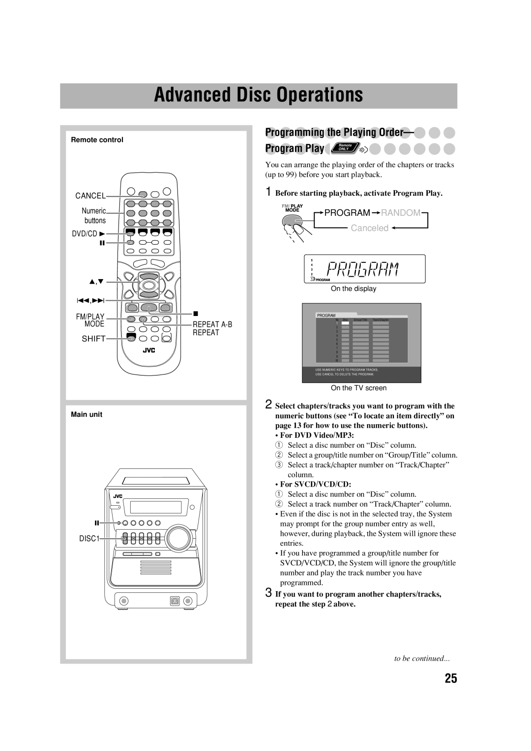 JVC LVT1348-003A Advanced Disc Operations, Programming the Playing Order, Before starting playback, activate Program Play 