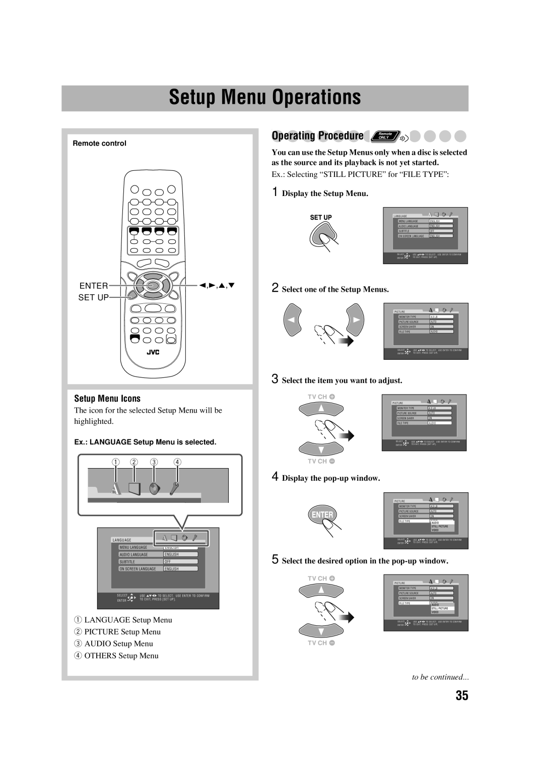 JVC LVT1348-003A manual Setup Menu Operations, Operating Procedure Remote, Setup Menu Icons 