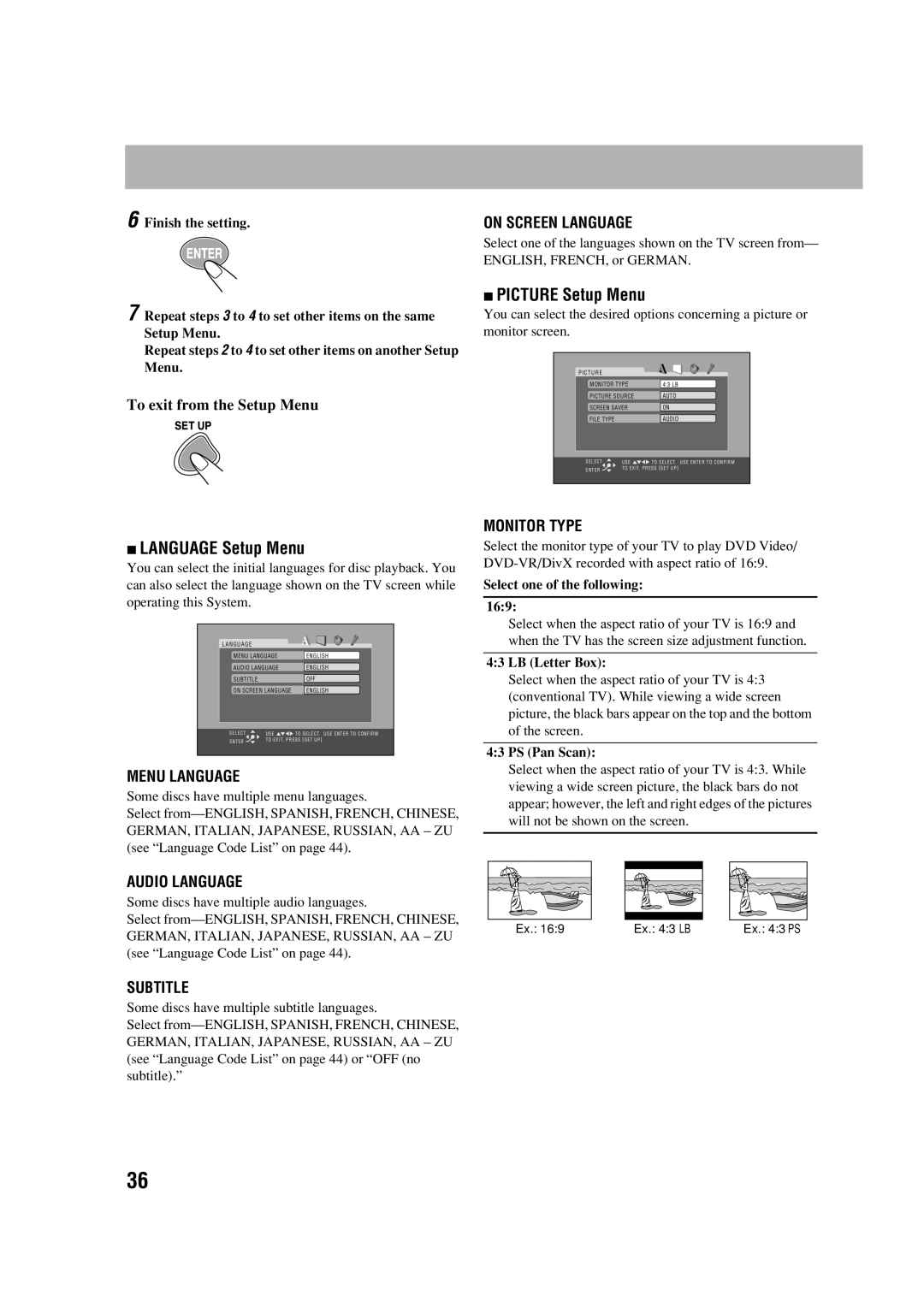 JVC LVT1348-003A Picture Setup Menu, Language Setup Menu, Select one of the following 169, LB Letter Box, PS Pan Scan 