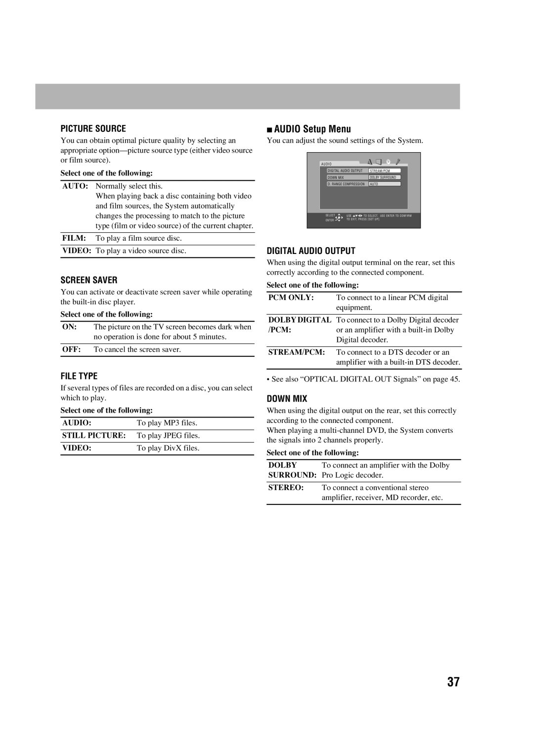 JVC LVT1348-003A manual Audio Setup Menu, Select one of the following, To play DivX files 