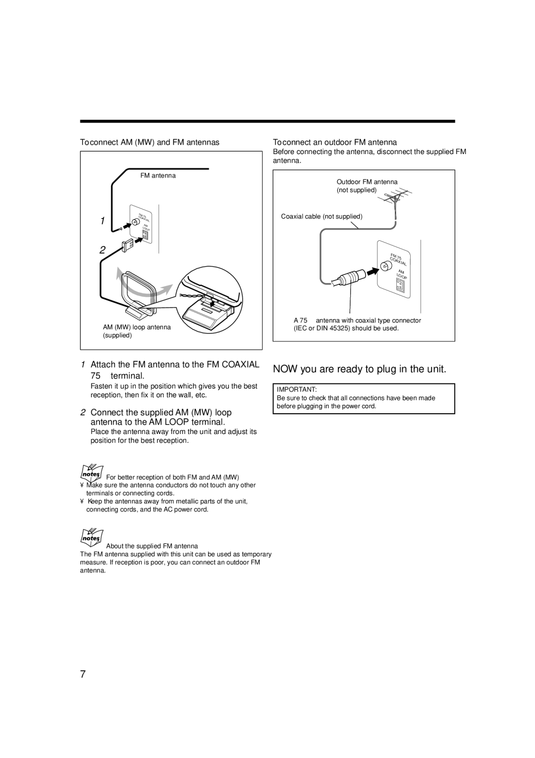 JVC LVT1356-001B manual Attach the FM antenna to the FM Coaxial 75 Ω terminal, To connect AM MW and FM antennas 