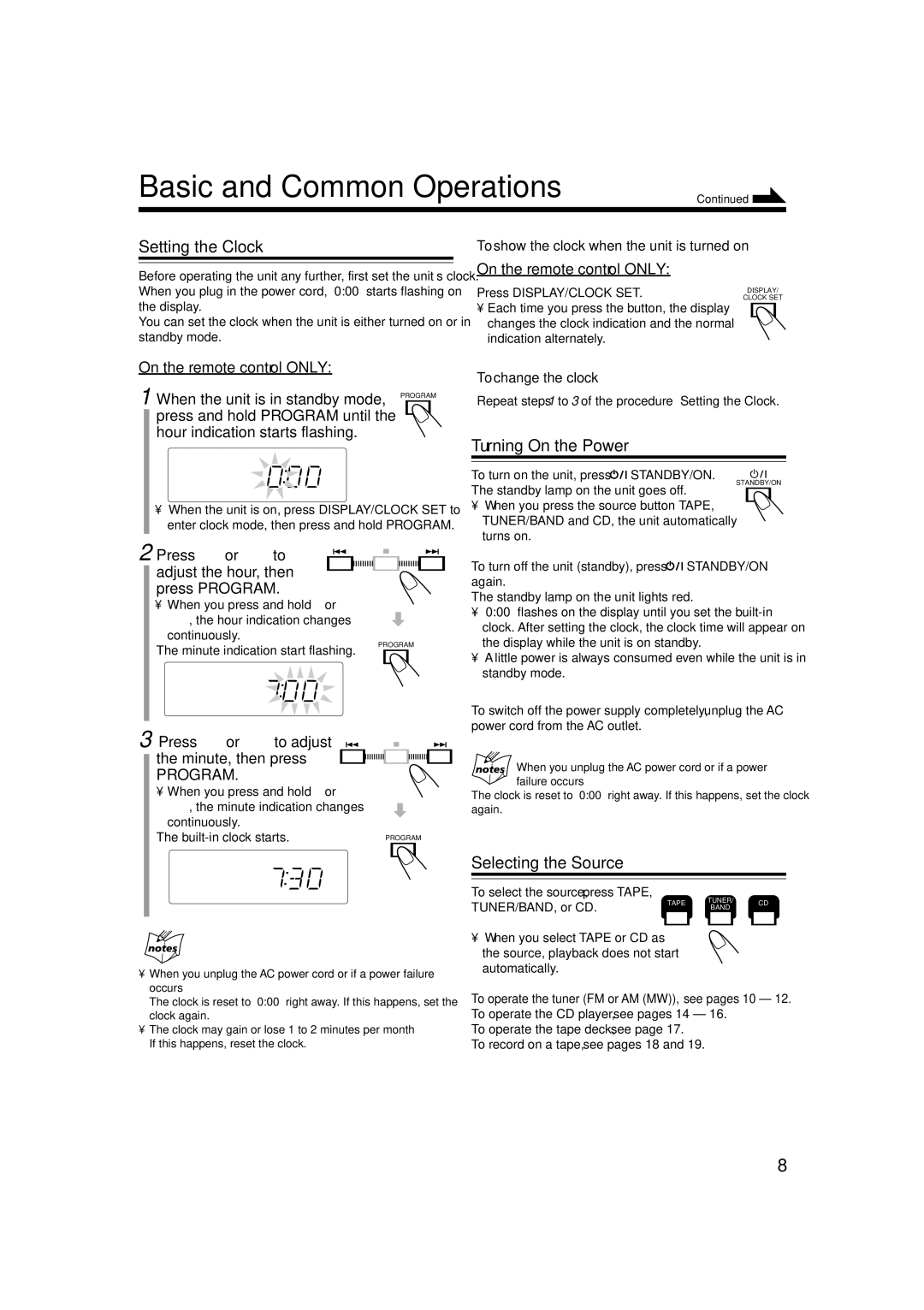 JVC LVT1356-001B manual Basic and Common Operations, Setting the Clock, Turning On the Power, Selecting the Source 