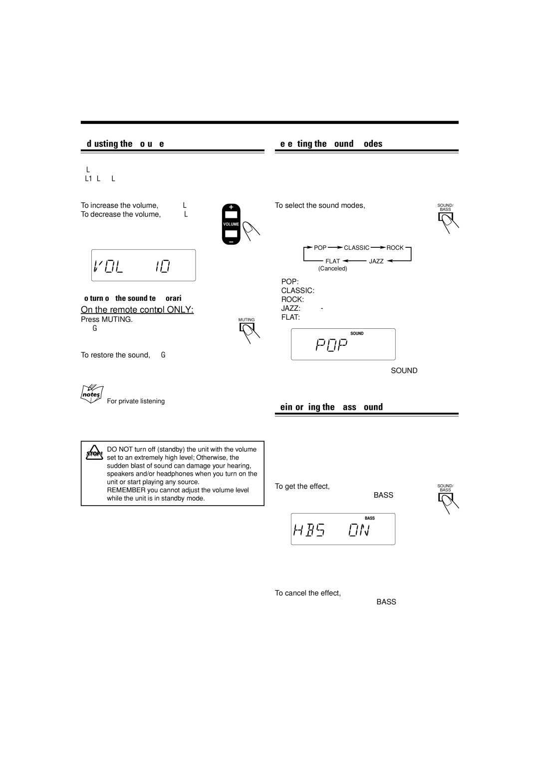 JVC LVT1356-001B manual Adjusting the Volume, Selecting the Sound Modes, Reinforcing the Bass Sound 