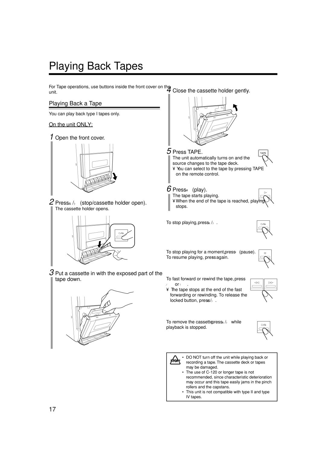 JVC LVT1356-001B manual Playing Back Tapes, Playing Back a Tape, Press # play, To remove the cassette, press &/ while 