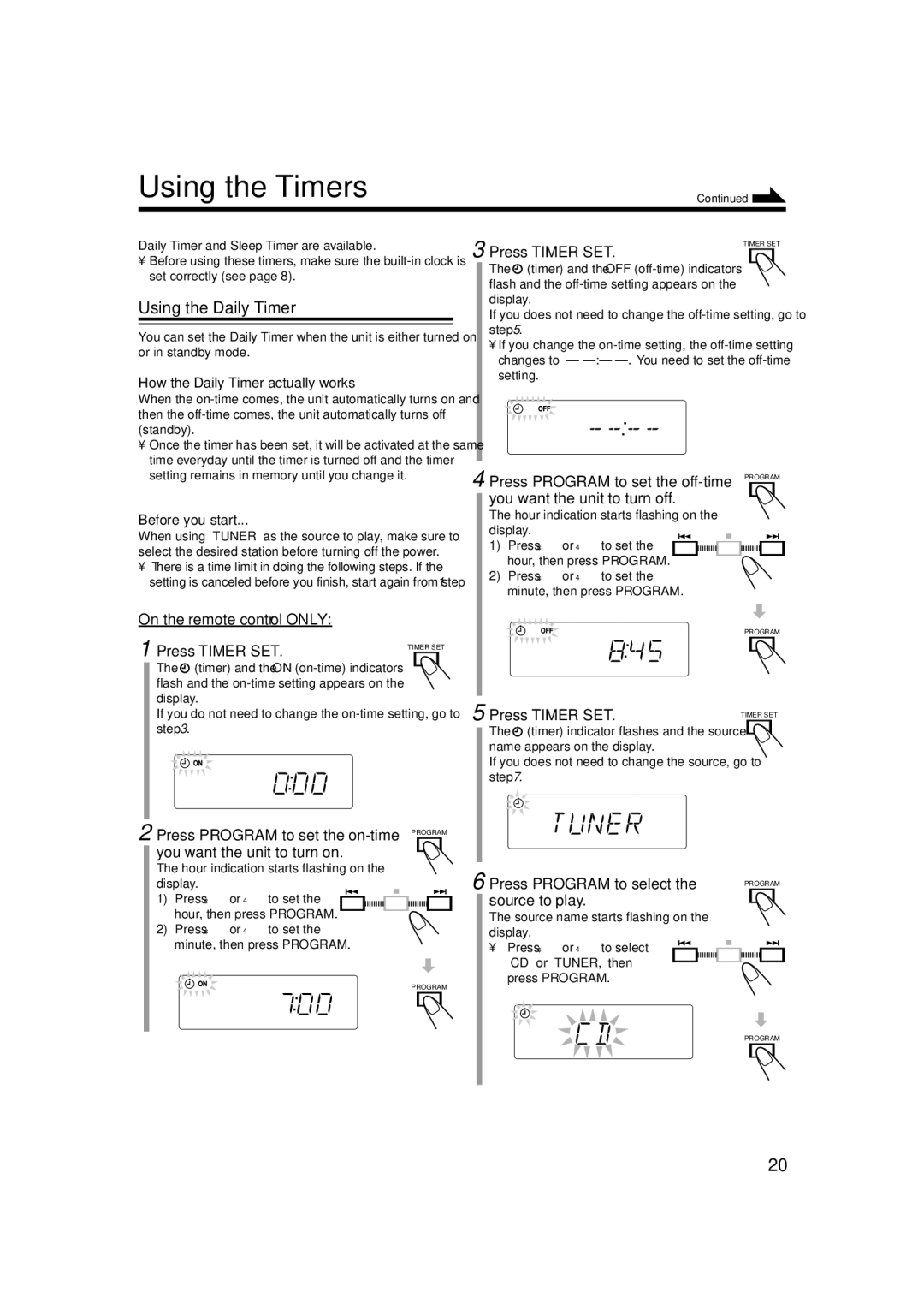 JVC LVT1356-001B manual Using the Timers, Using the Daily Timer 