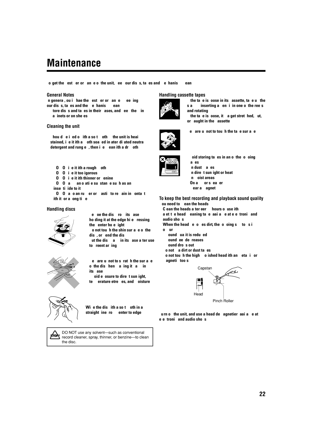 JVC LVT1356-001B manual Maintenance, Cleaning the unit, Handling discs, Handling cassette tapes 