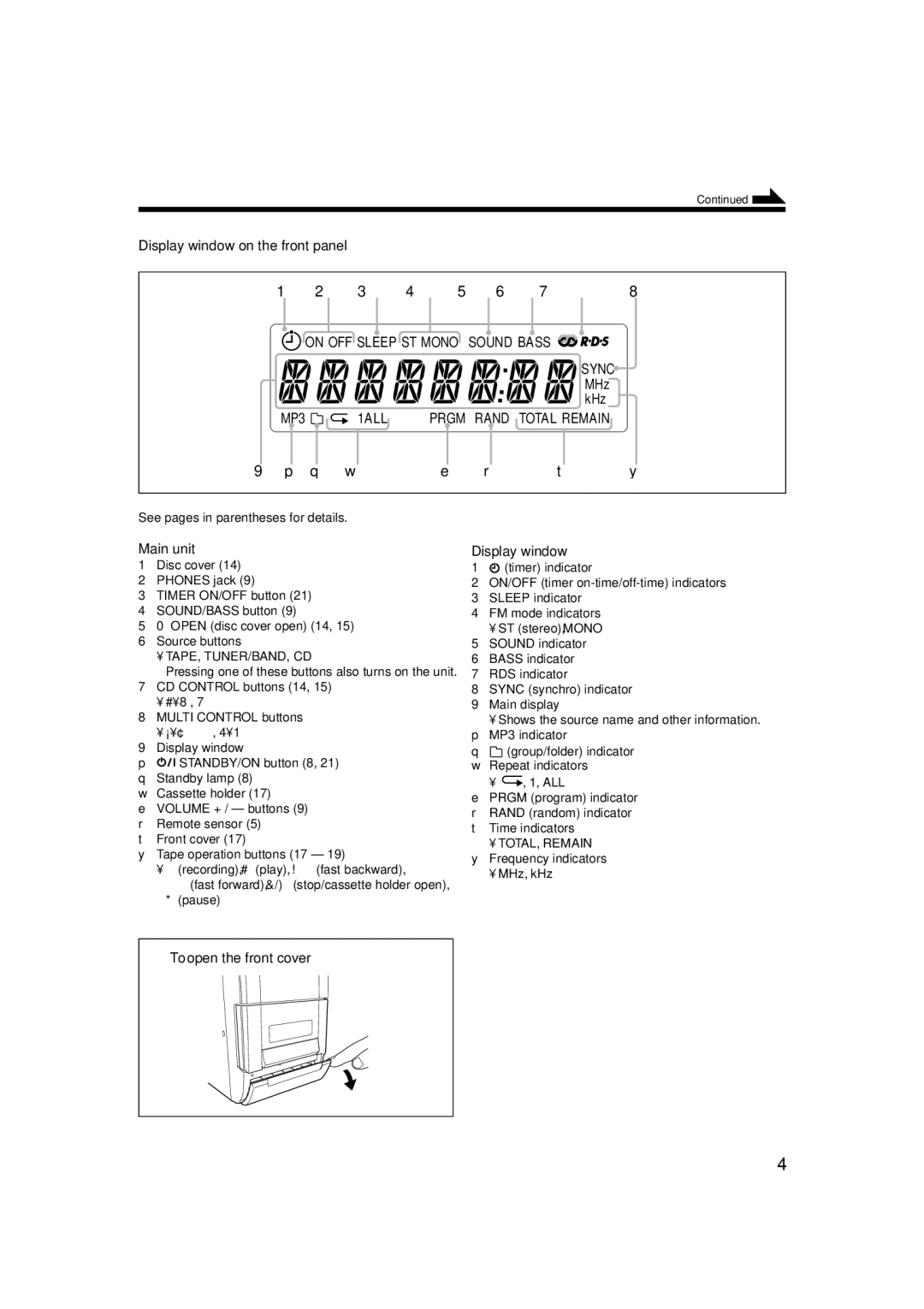 JVC LVT1356-001B manual Display window on the front panel, MHz KHz, Main unit, To open the front cover 