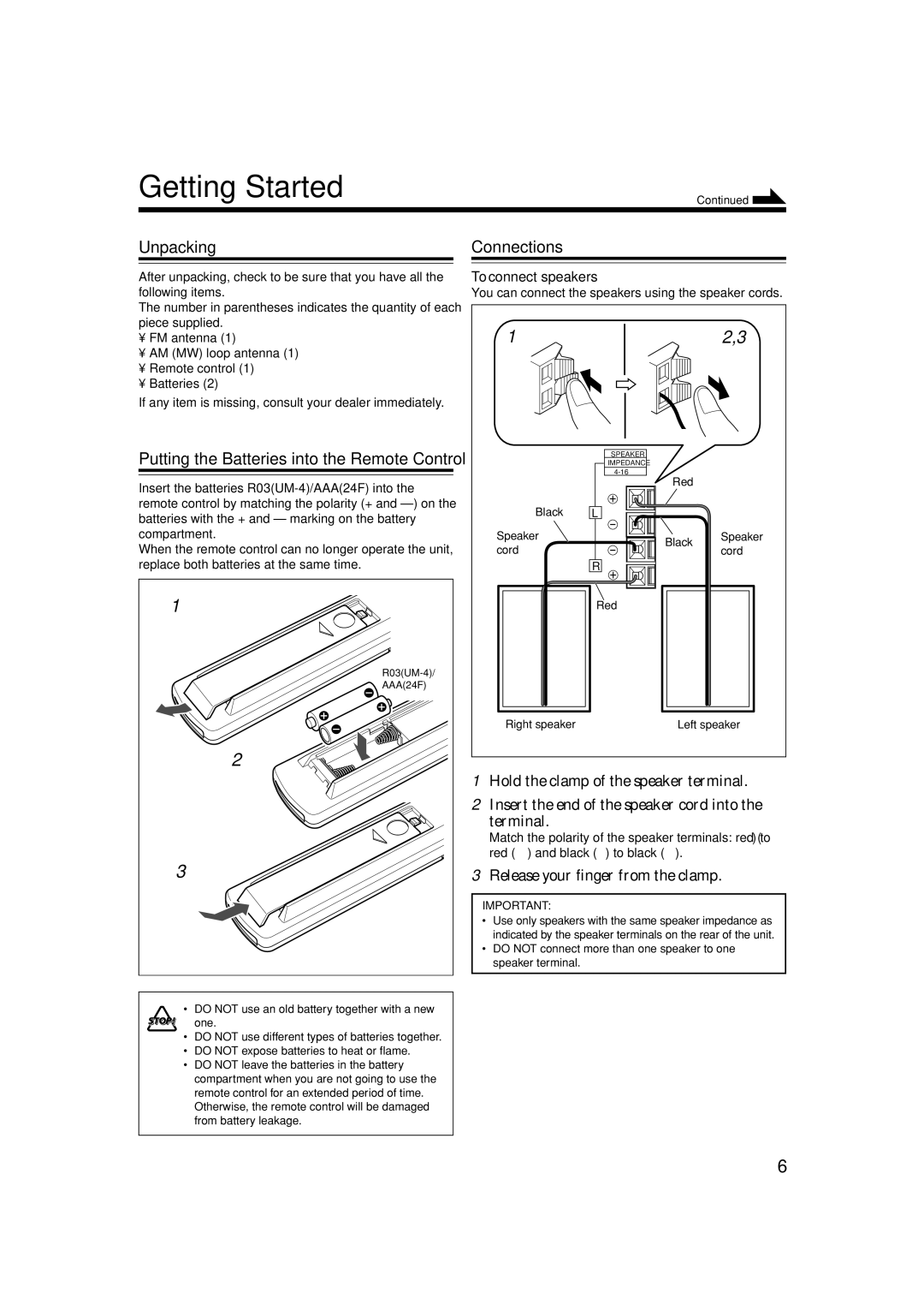 JVC LVT1356-001B manual Getting Started, Unpacking Connections, Release your finger from the clamp, To connect speakers 