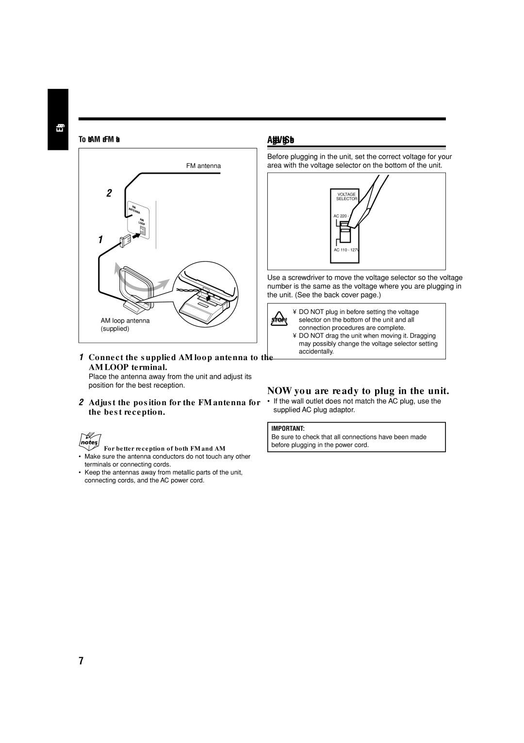 JVC LVT1356-005A manual Adjusting the Voltage Selector, Connect the supplied AM loop antenna to AM Loop terminal 