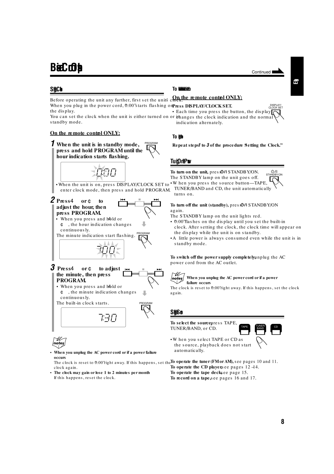 JVC LVT1356-005A manual Basic and Common Operations, Setting the Clock, Turning On the Power, Selecting the Source 