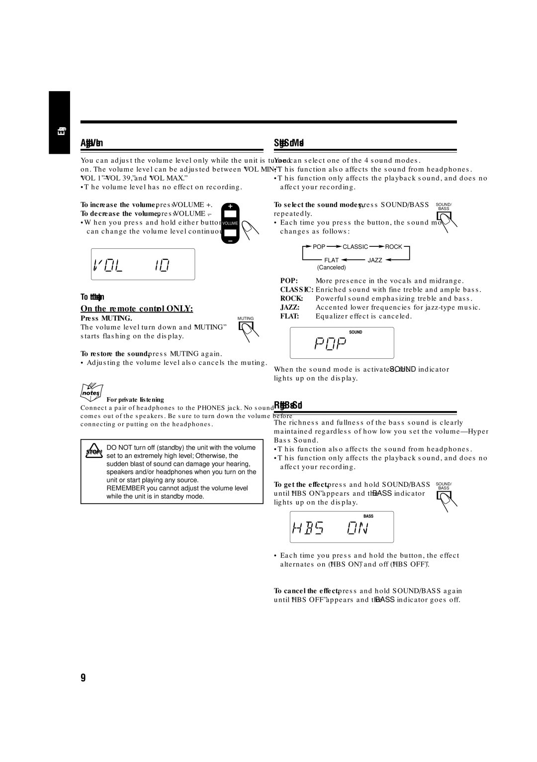 JVC LVT1356-005A manual Adjusting the Volume Selecting the Sound Modes, Reinforcing the Bass Sound 