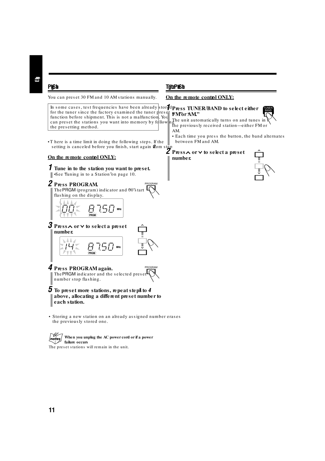 JVC LVT1356-005A Presetting Stations, Tuning in to a Preset Station, Press or to select a preset number Press Program 