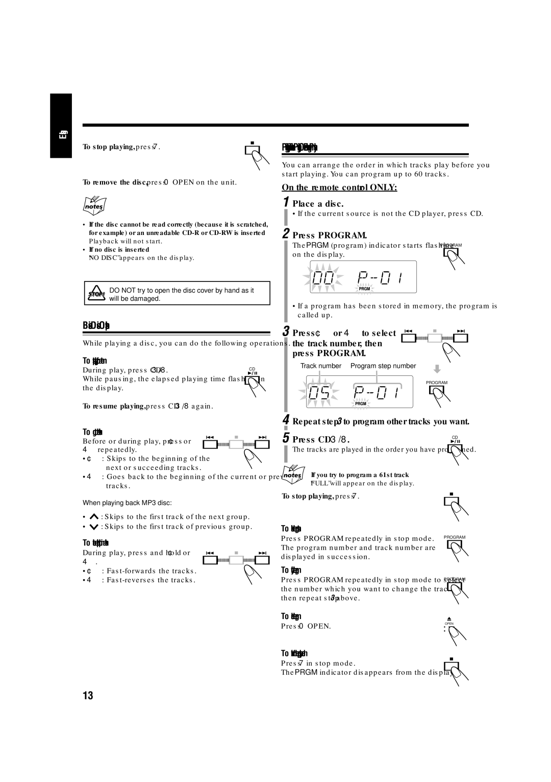 JVC LVT1356-005A manual Basic Disc Operations, On the remote control only Place a disc 