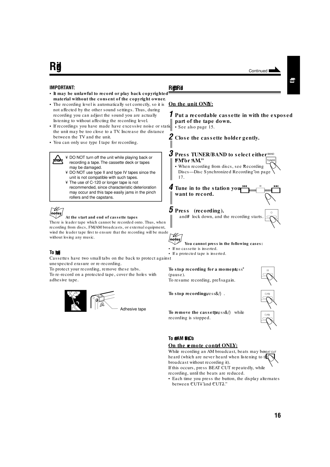 JVC LVT1356-005A manual Recording from the Radio, Tune in to the station you want to record Press ‡ recording 