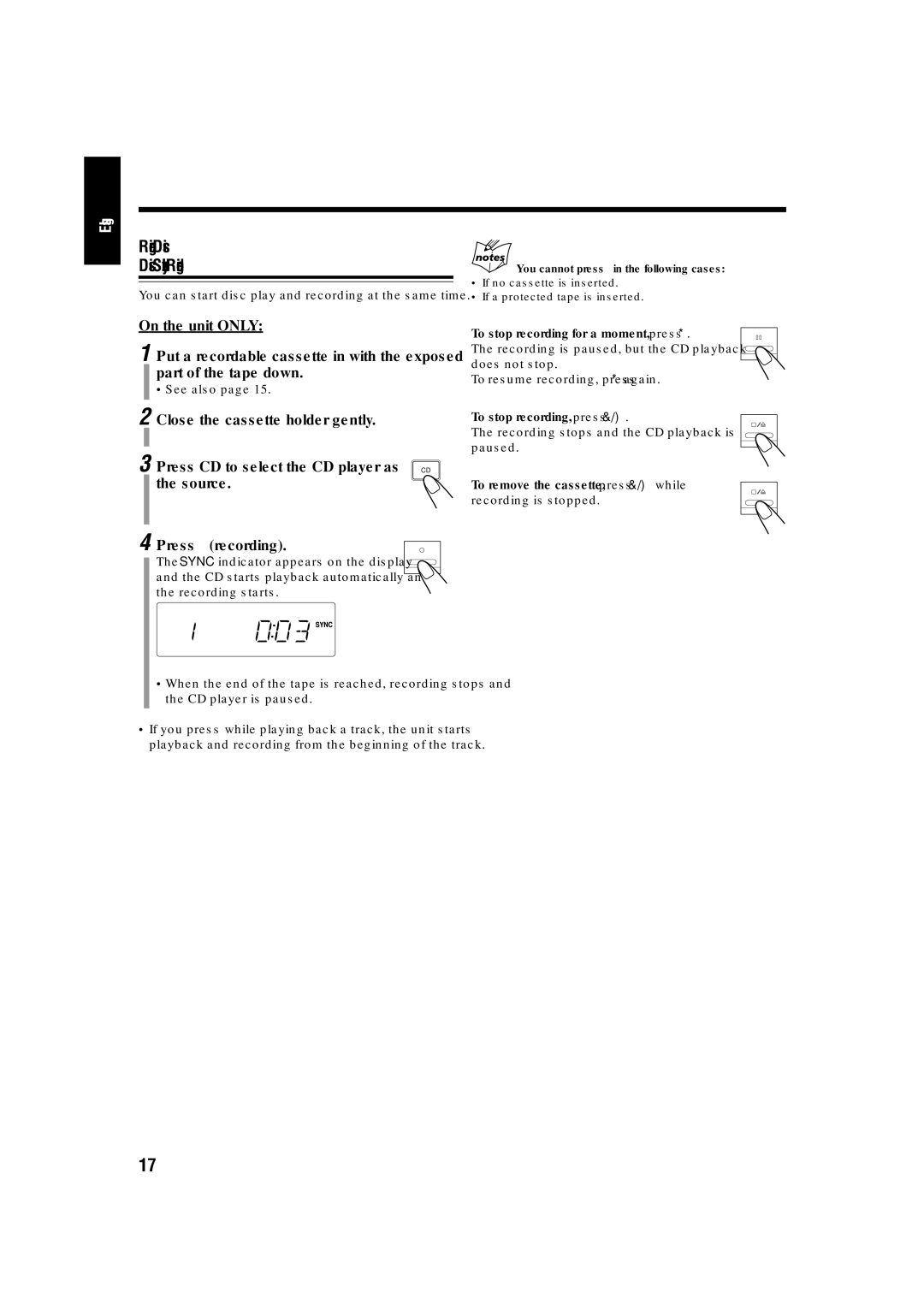 JVC LVT1356-005A manual Recording Discs Disc Synchronized Recording, To stop recording, press 