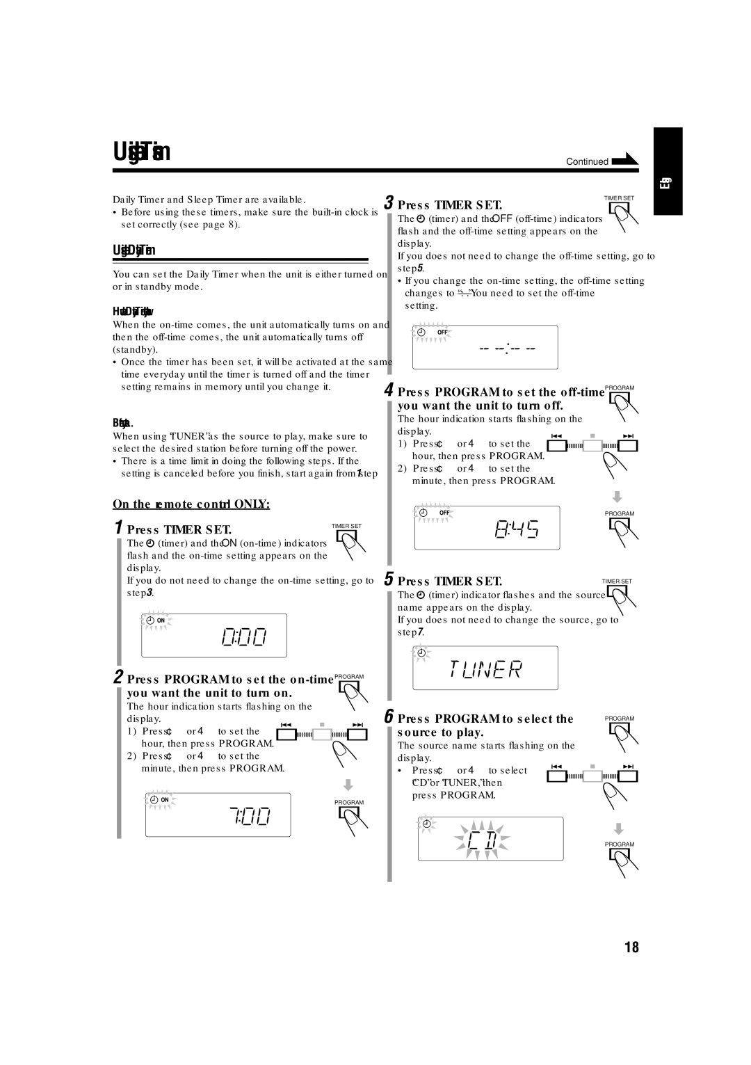 JVC LVT1356-005A manual Using the Timers, Using the Daily Timer 