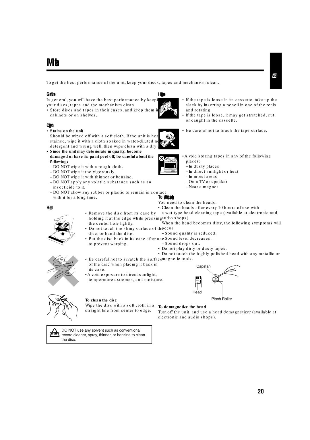 JVC LVT1356-005A manual Maintenance, Cleaning the unit, Handling discs, Handling cassette tapes 