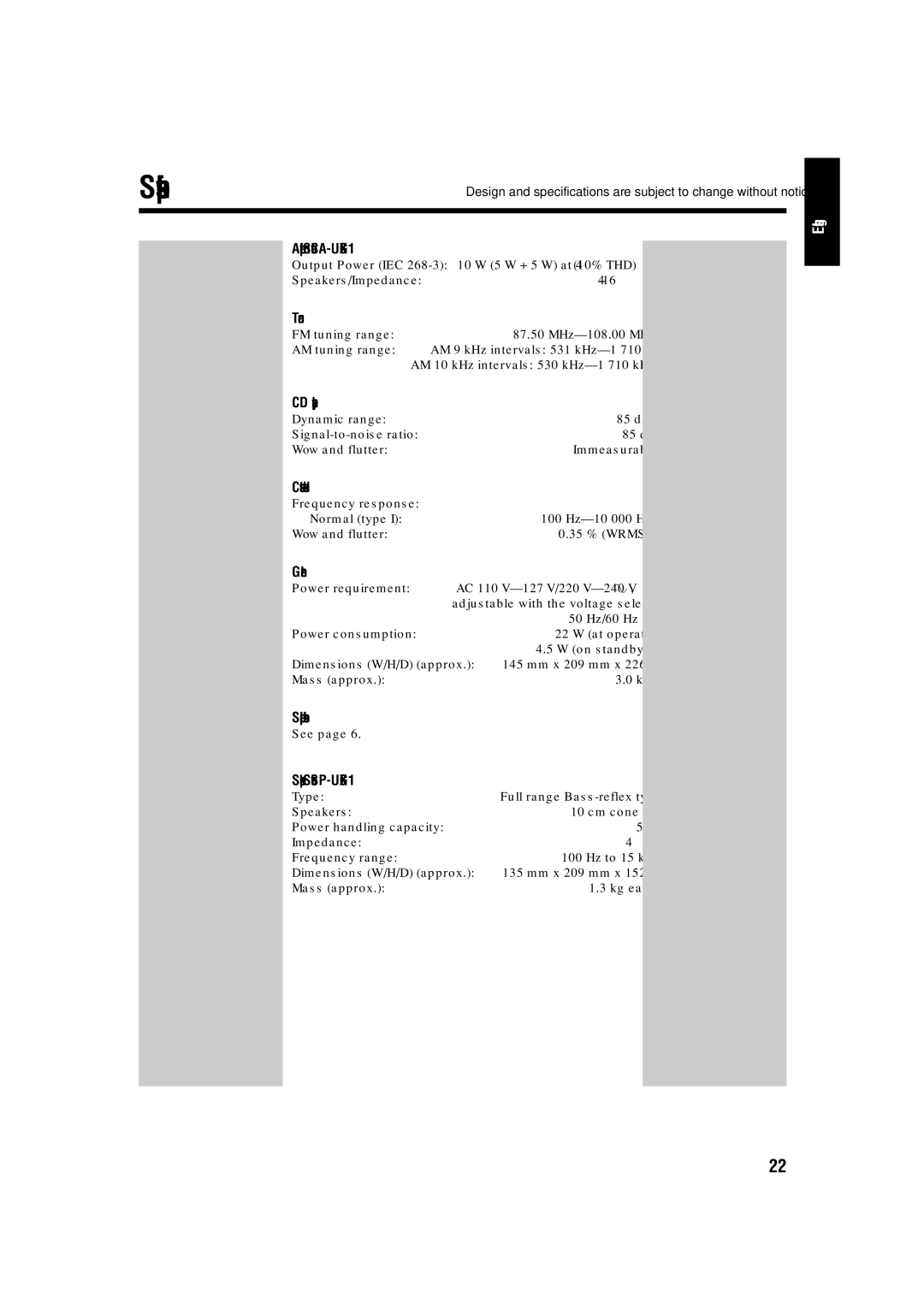 JVC LVT1356-005A manual Amplifier Section-CA-UXG1, Tuner, CD player, Cassette deck, General, Supplied accessories 